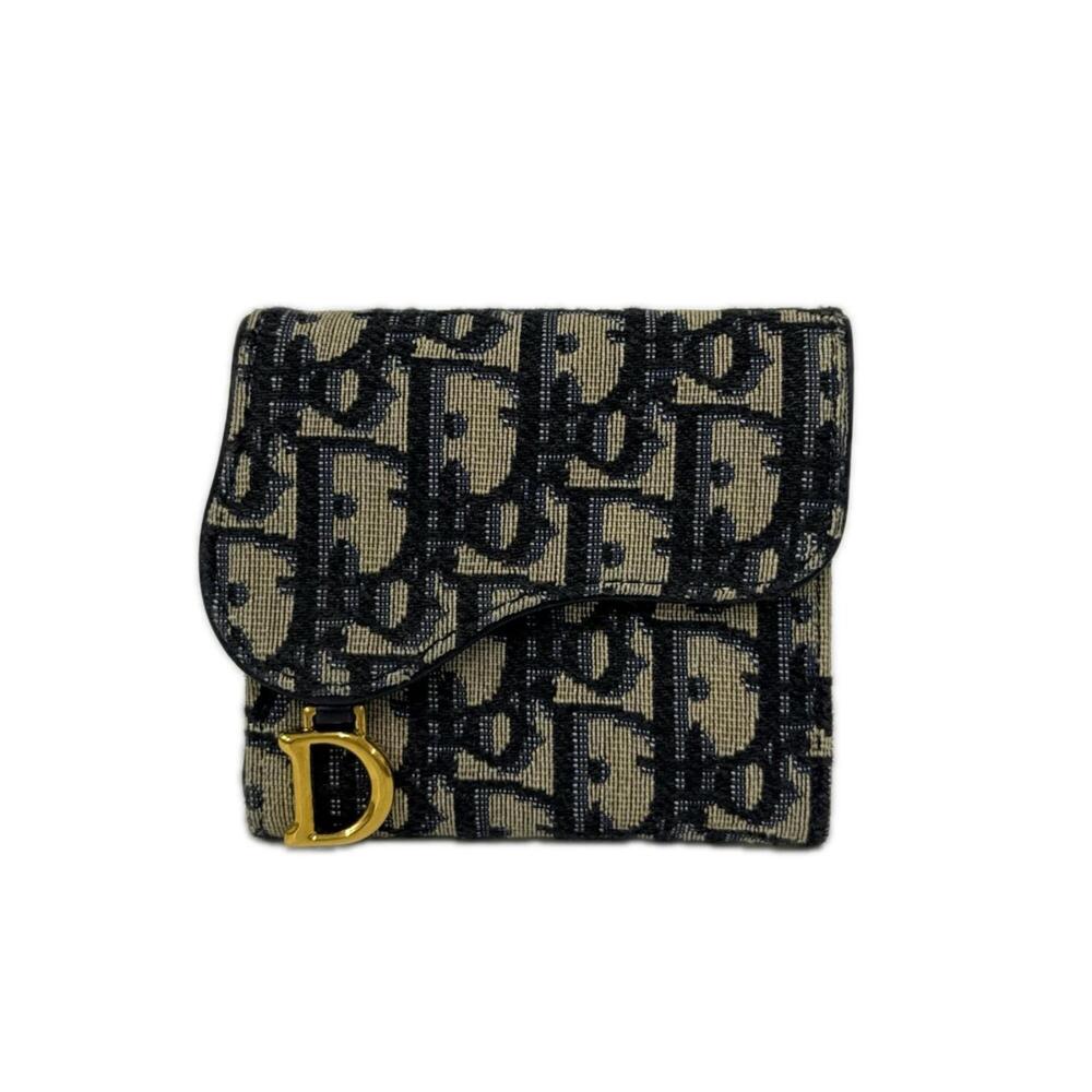 Christian Dior Blue Oblique Jacquard Saddle Lotus Wallet S5652CTZQ Tri-fold N...